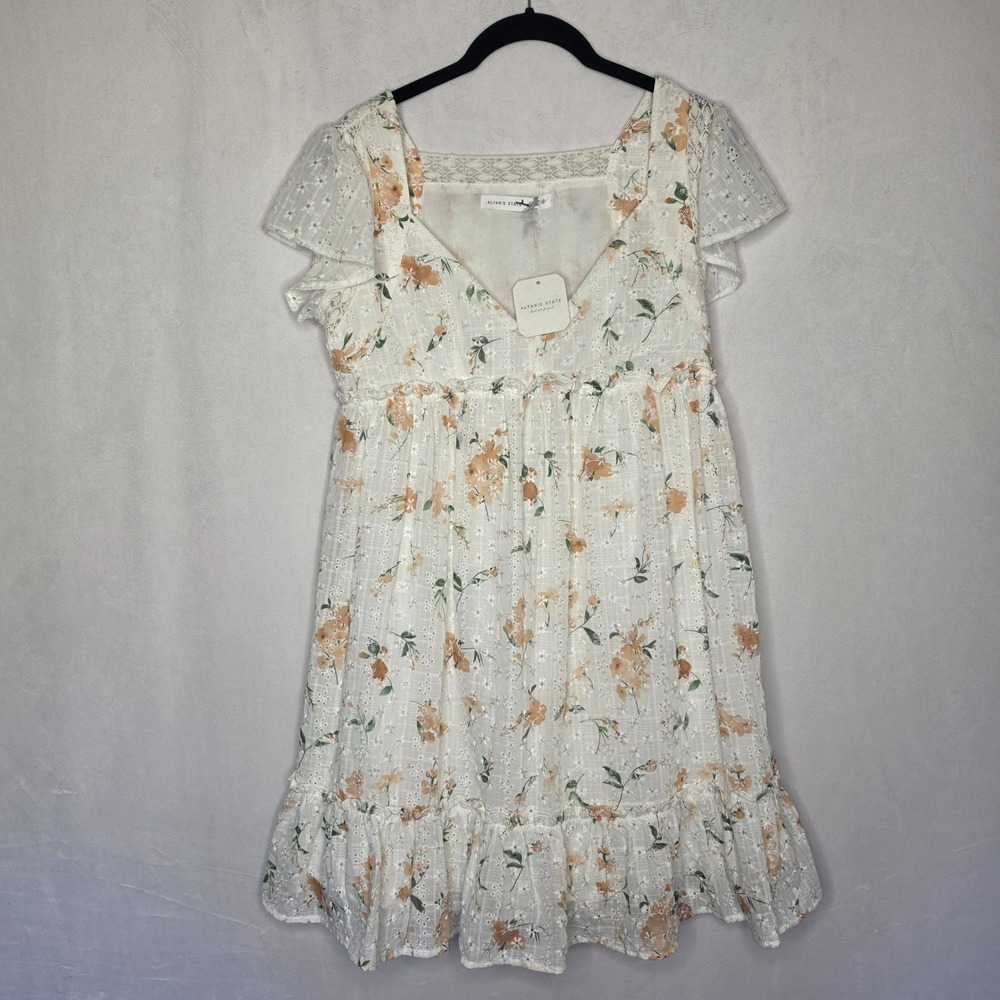 Altard State white Eyelet Mini floral dress cottagecore Coquette milkmaid boho